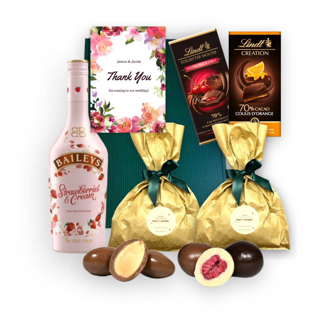Hand decorated and wrapped. The perfect gift for any occasion. This gift contains alcohol, dehydrated fruit and nuts in chocolate glaze and biscuits. Nutritional values ​​are listed on each product label.