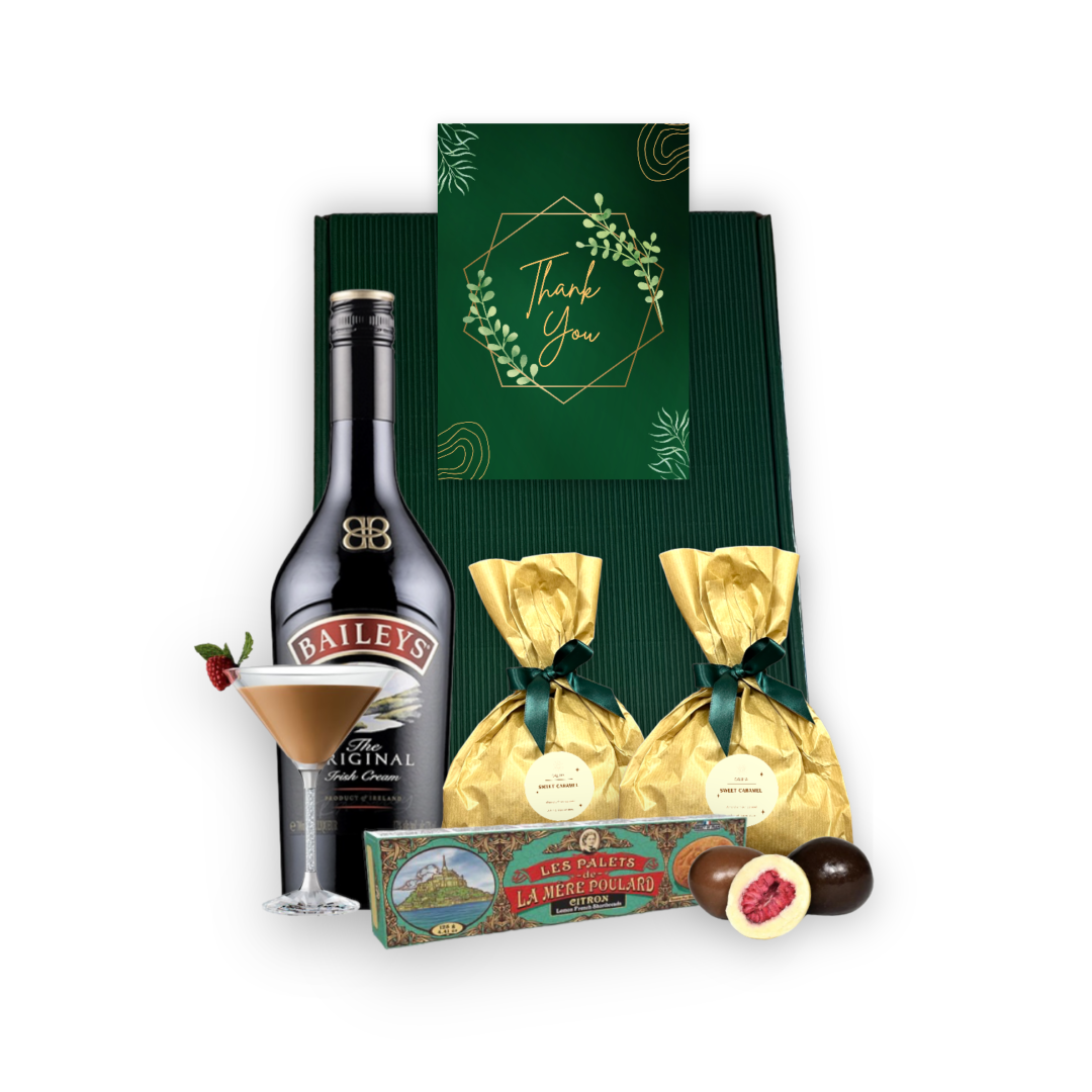 Hand decorated and wrapped. The perfect gift for any occasion. This gift contains alcohol, dehydrated fruit and nuts in chocolate glaze and biscuits
