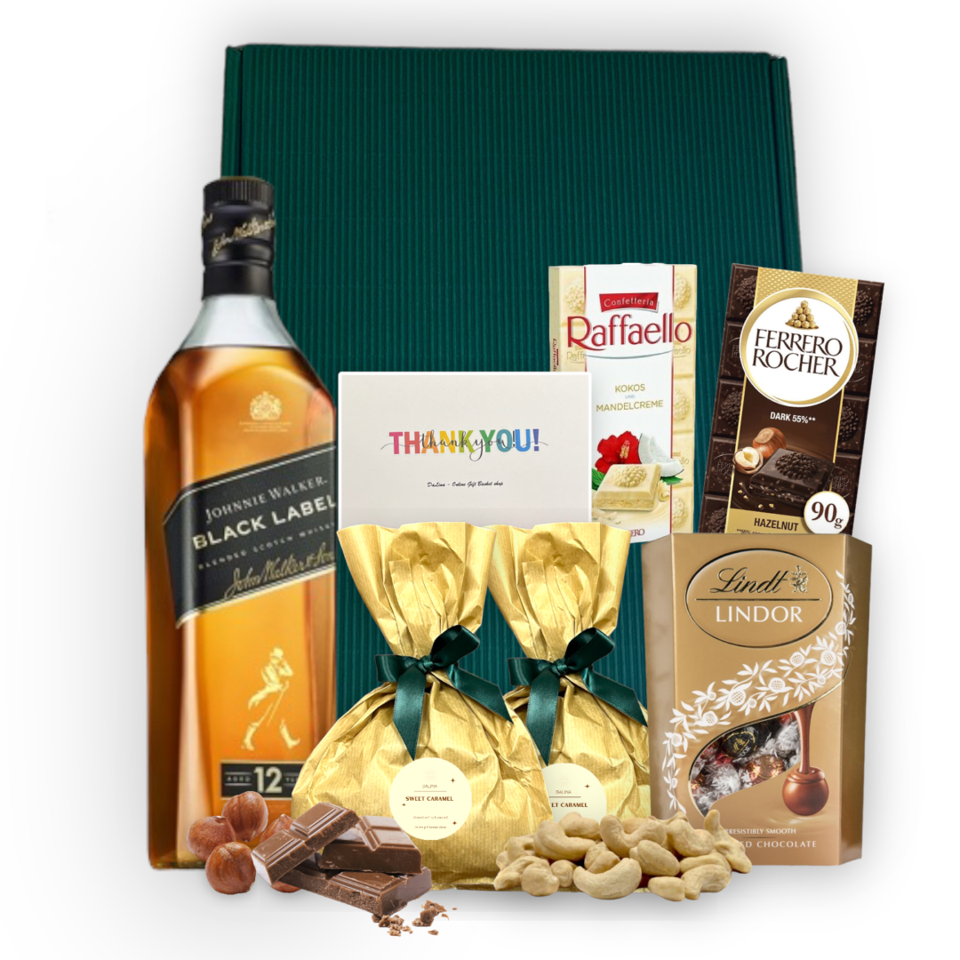 Hand decorated and wrapped. The perfect gift for any occasion. This gift contains alcohol, dehydrated fruit and nuts in chocolate glaze. Nutritional values ​​are listed on each product label.
